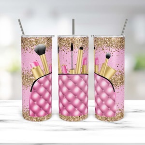 20 Oz Skinny Tumbler PNG Sublimation Template | Pink and Gold Makeup Bag | Cosmetologist | Makeup Artist | Glitter Glam | Straight Sided