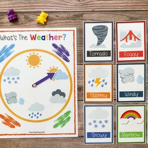 Clima infantil, atividade climática Montessori, gráfico meteorológico infantil, roda meteorológica, cartões flash meteorológicos, currículo pré-escolar, estação meteorológica