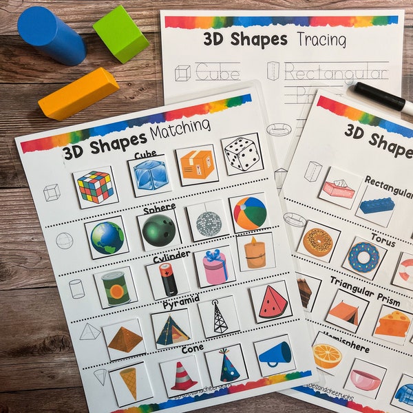 3D Shapes Matching, 3D Shape Activity, Geometric Shapes,  3D Shapes match cards, 3D Shapes Printable, Preschool, Homeschool resource,