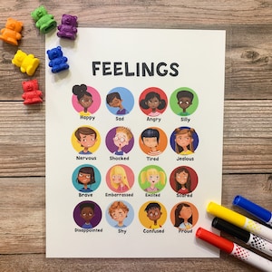Gráfico de sentimentos infantis, pôster educacional, emoções infantis, educação em casa, aprendizagem Montessori, arte em sala de aula, download digital, 3 tamanhos de arquivo,