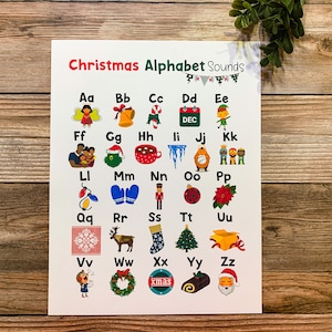 クリスマス アルファベット表、文字の音、クリスマス学習ポスター、アルファベットの音表、幼稚園の印刷物、ホームスクール、ABC ポスター