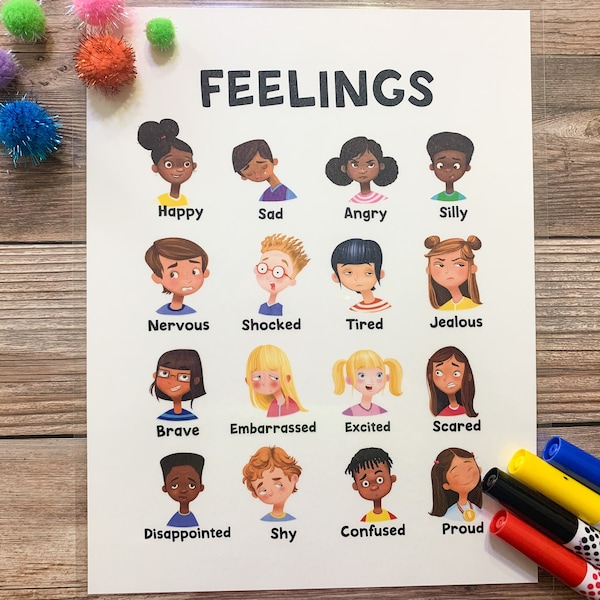 Kids Feelings Chart, Educational Poster, Kids Emotions, Homeschooling, Montessori Learning, Classroom Art, Digital Download