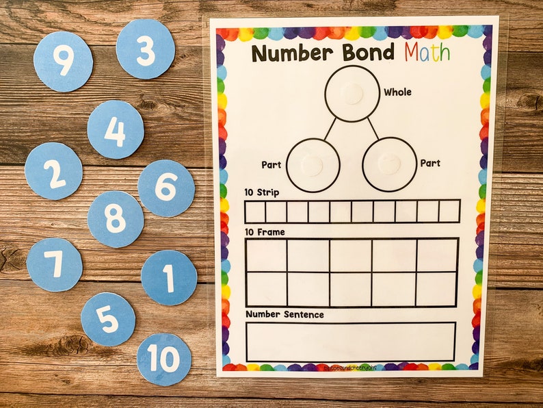 May include: A printable worksheet for kids to practice number bonds. The worksheet has a title "Number Bond Math" and includes a 10 frame, a 10 strip, and a number sentence. There are also circles for the whole, part, and part of the number bond.