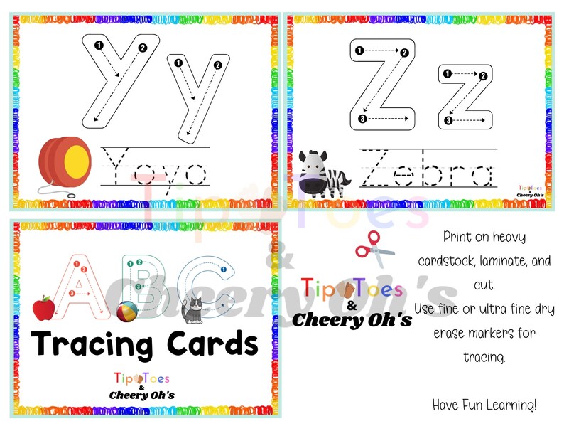 K&ouml;nnte beinhalten: Spurenkarten f&uuml;r Kinder mit den Buchstaben Y, Z, A, B und C. Jede Karte hat eine gestrichelte Linie zum Nachzeichnen des Buchstabens und ein Bild eines Objekts, das mit diesem Buchstaben beginnt. Die Karten sind auf wei&szlig;em Papier mit einem bunten Rand gedruckt.