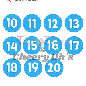 May include: A set of ten blue circles with white numbers from 10 to 20. The text "Cut these out" is at the top of the image. The text "Cheery Oh's" is below the circles.