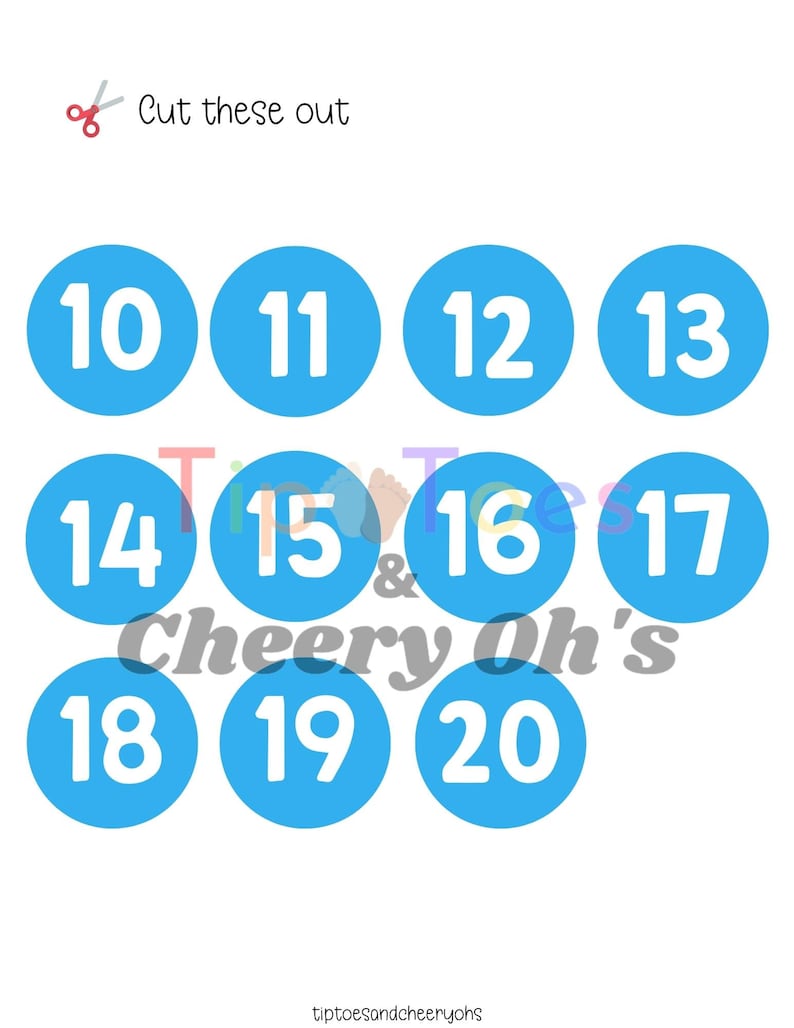 May include: A set of ten blue circles with white numbers from 10 to 20. The text "Cut these out" is at the top of the image. The text "Cheery Oh's" is below the circles.