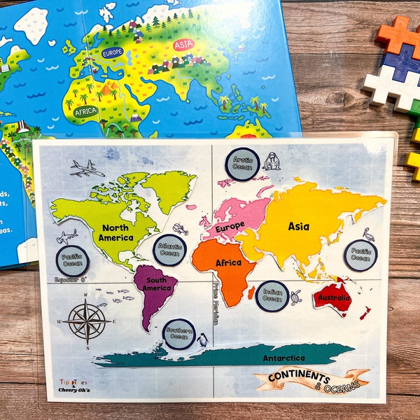 Continents Map, Oceans, World Map Puzzle, Geography for Kids, Homeschool Printable, Social Studies
