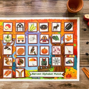 Juego de alfabeto de otoño imprimible, sonidos iniciales, reconocimiento de letras, juego educativo, recurso para educación en el hogar, plan de estudios preescolar, fonética