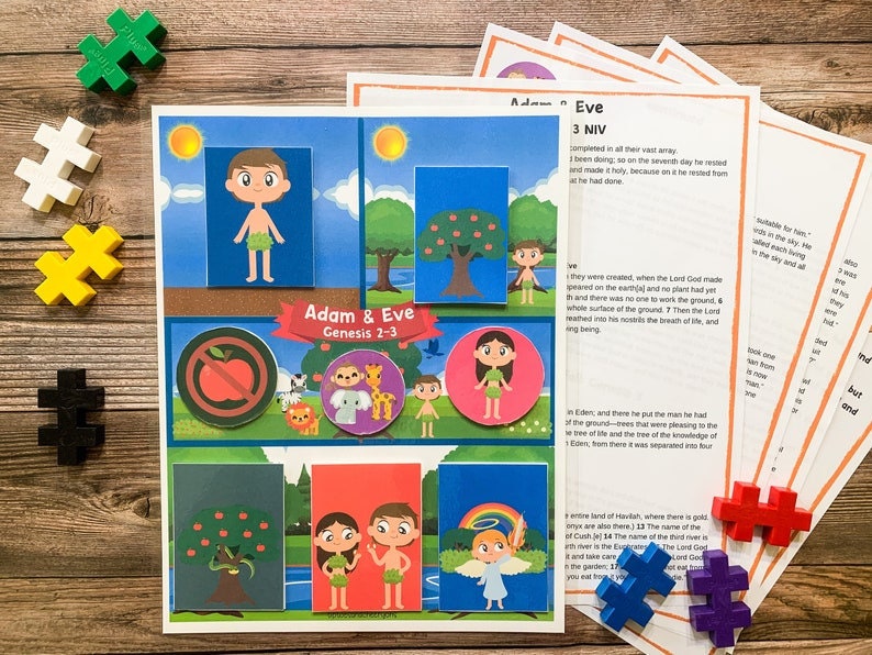 May include: A colourful illustrated chart depicting the story of Adam and Eve from the Bible. The chart includes images of Adam and Eve, a tree with apples, a snake, and a rainbow. The text "Adam & Eve Genesis 2-3" is included on the chart.