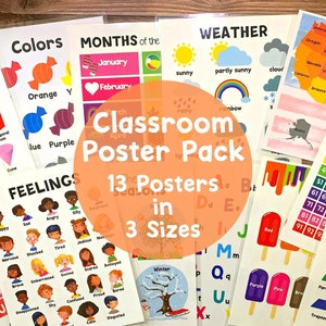 Klas Decor, Homeschool Afdrukbaar, Dagen van de Week, Maanden van het Jaar, ABC Teken, Seizoenen, Kaart van de VS, Kleurenkaart, Gevoelens Grafiek