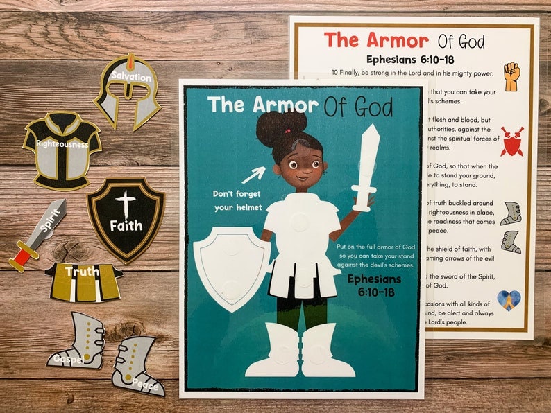 May include: A colourful printable activity for children featuring the Armour of God. The printable includes a cutout of a girl wearing armour, a shield, a sword, and a helmet. The text "The Armour of God" is at the top of the printable, and the text "Ephesians 6:10-18" is at the bottom. The printable is designed to help children learn about the Armour of God.