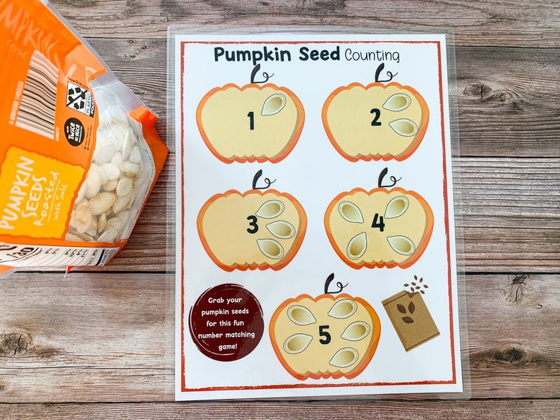 May include: A printable pumpkin seed counting activity with five pumpkins, each with a number from 1 to 5 and a corresponding number of seeds inside. The text "Pumpkin Seed Counting" is at the top of the page. The text "Grab your pumpkin seeds for this fun number matching game!" is in a circle at the bottom of the page.