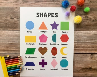 May include: A white sheet of paper with the word "SHAPES" in black at the top. The paper is divided into a grid with 16 different shapes, each with a label underneath. The shapes are in various colors, including blue, orange, purple, green, yellow, pink, red, brown, and teal.