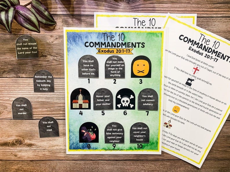 May include: A colourful printable chart featuring the Ten Commandments from Exodus 20:1-17. Each commandment is illustrated with a symbol and a number. The chart is designed for children's education.