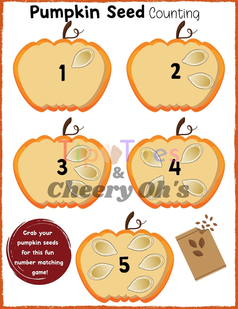 May include: A printable pumpkin seed counting activity for kids. Five orange pumpkins with black numbers 1 through 5 are shown. Each pumpkin has a different number of seeds inside. The text "Pumpkin Seed Counting" is at the top of the page. The text "Grab your pumpkin seeds for this fun number matching game!" is at the bottom of the page.