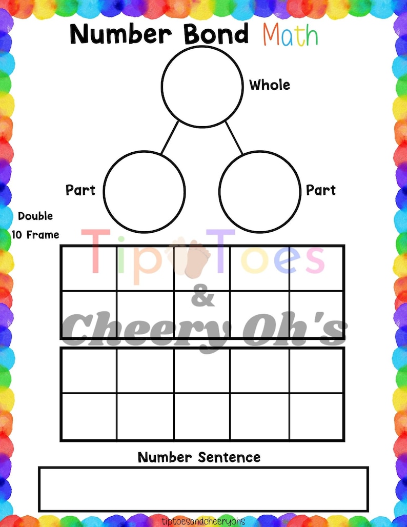 May include: A printable worksheet for kids to practice number bonds. The worksheet has a number bond diagram with circles for the whole, part, and part. It also has a 10 frame and a space for a number sentence. The worksheet is decorated with a rainbow border.