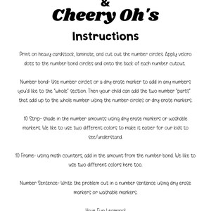 May include: Instructions for a math learning activity called "Tip Toes & Cheery Oh's". The instructions explain how to use number circles, dry erase markers, and math counters to teach number bonds.