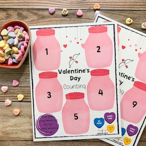 Kids Valentine&#39;s Day Activity, Valentine&#39;s Counting Game, Valentines Printable, Candy Counting, Preschool Counting Worksheet, Matching Game