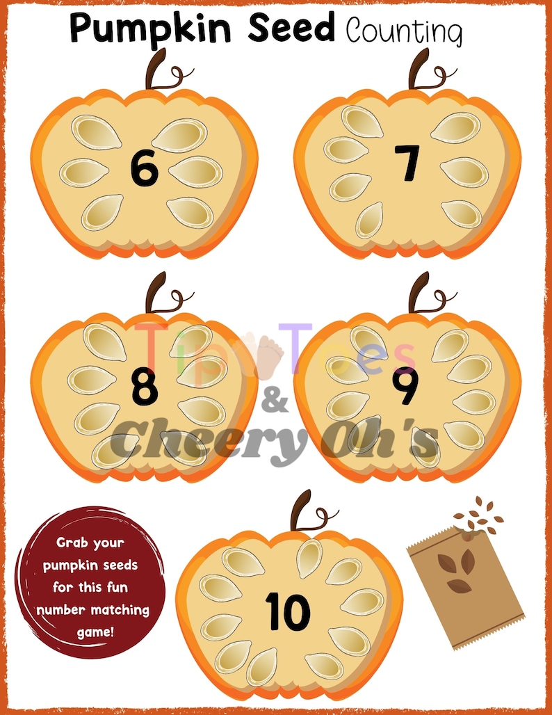May include: A printable pumpkin seed counting activity for kids. Five orange pumpkins with different numbers of seeds are shown. The numbers 6, 7, 8, 9, and 10 are displayed on the pumpkins. The text "Pumpkin Seed Counting" is at the top of the page. The text "Grab your pumpkin seeds for this fun number matching game!" is in a red circle at the bottom left of the page.