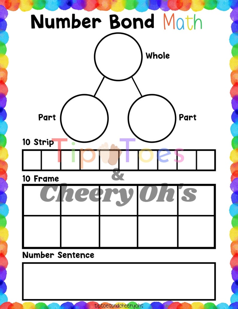 May include: A printable worksheet for kids to practice number bonds. The worksheet has a number bond diagram, a ten strip, a ten frame, and a space for a number sentence. The worksheet is decorated with a rainbow border.