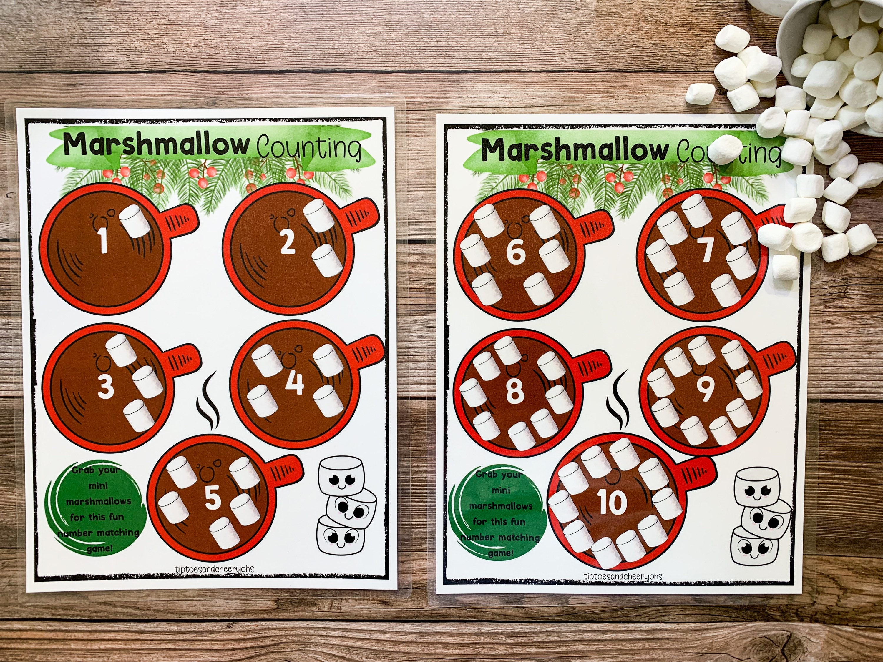 Christmas Activities, Marshmallow Counting Game, Christmas Printable, Hot Cocoa Counting,  Preschool Counting Worksheet, Matching Game