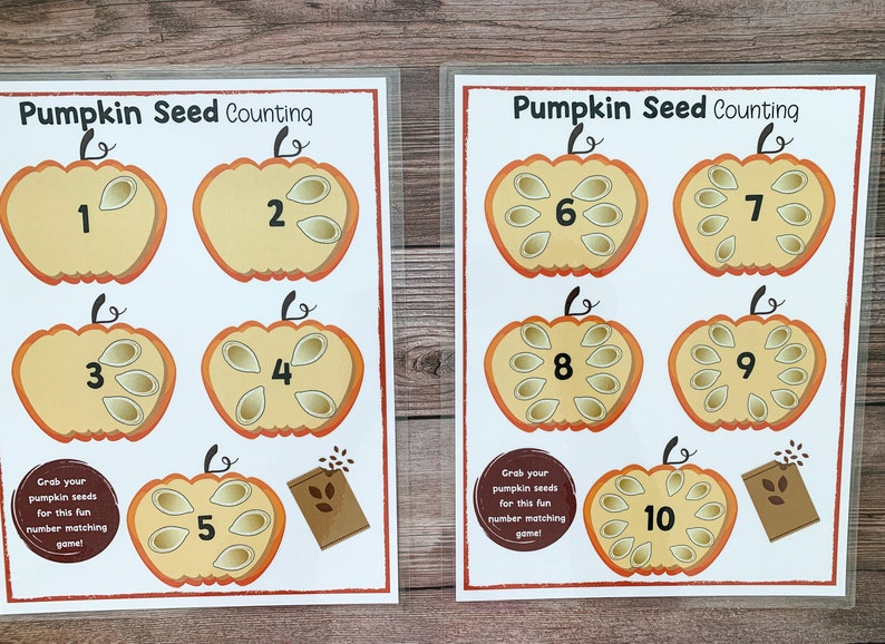 May include: Two printable worksheets for a pumpkin seed counting game. Each worksheet features ten pumpkins with different numbers of seeds inside. The pumpkins are orange with green stems and brown outlines. The numbers 1 through 10 are printed inside each pumpkin. The text "Pumpkin Seed Counting" is printed at the top of each worksheet.