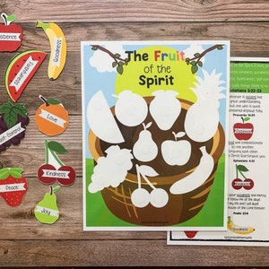 May include: A printable educational poster titled "The Fruit of the Spirit" featuring a basket of fruit with the names of the fruits of the spirit: love, joy, peace, patience, kindness, goodness, faithfulness, gentleness, and self-control. The poster also includes scripture verses related to each fruit.