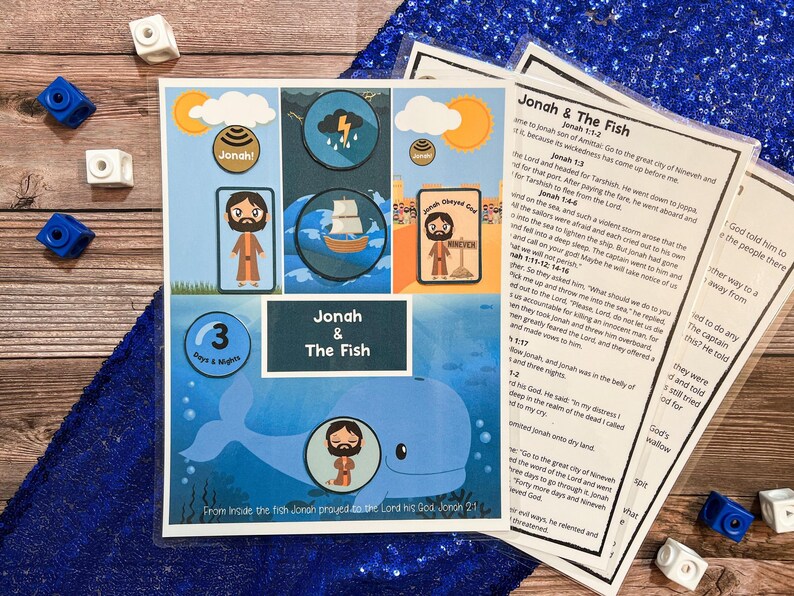 May include: A colourful printable educational resource for children about the biblical story of Jonah and the fish. The printable features illustrations of Jonah, a fish, a storm, and a whale. The text includes the Bible verses from Jonah 1:1-2:11.