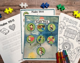 Może przedstawiać: Zestaw do wydrukowania stron do kolorowania z ilustracjami dzieci i wersetem biblijnym, Psalm 119:11, "Twoje słowo zachowałem w sercu moim, aby nie grzeszyć przeciwko Tobie."