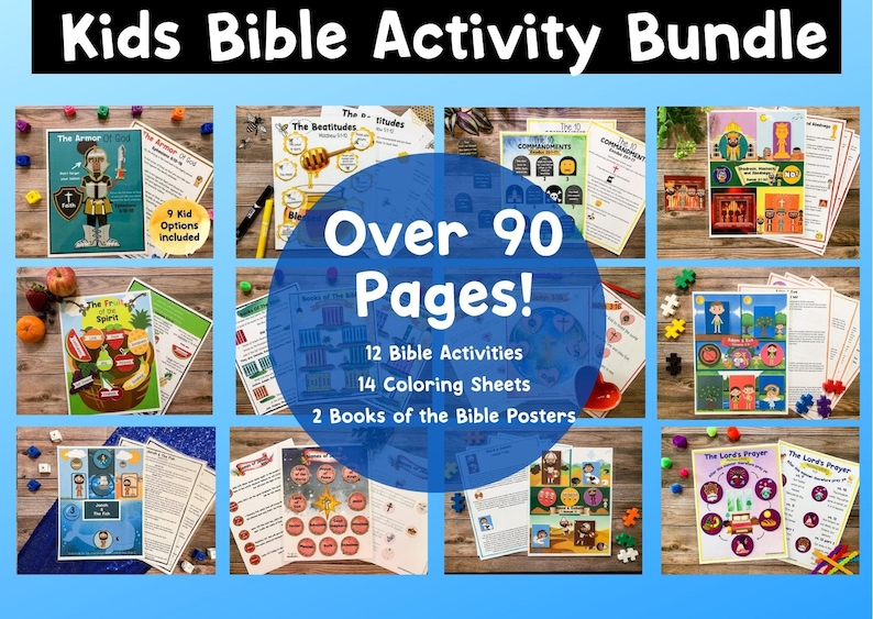 May include: A collage of colourful printable Bible activity pages for kids. The pages include colouring sheets, games, and activities. The text on the image reads "Over 90 Pages! 12 Bible Activities 14 Colouring Sheets 2 Books of the Bible Posters".