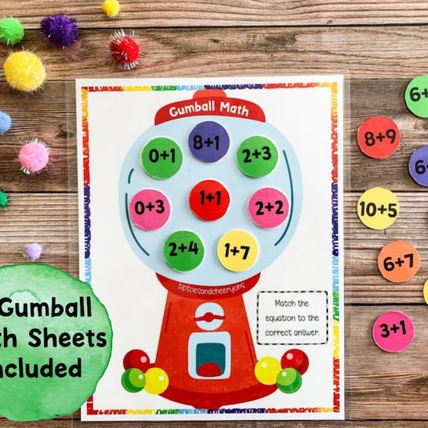 Additions, Fiches d'exercices de maths, Jeu de maths Gumball pour enfants, Compter 1-20, Fiche d'exercices de maths, Exercices de comptage, École à la maison, Jeu d'associations de maths