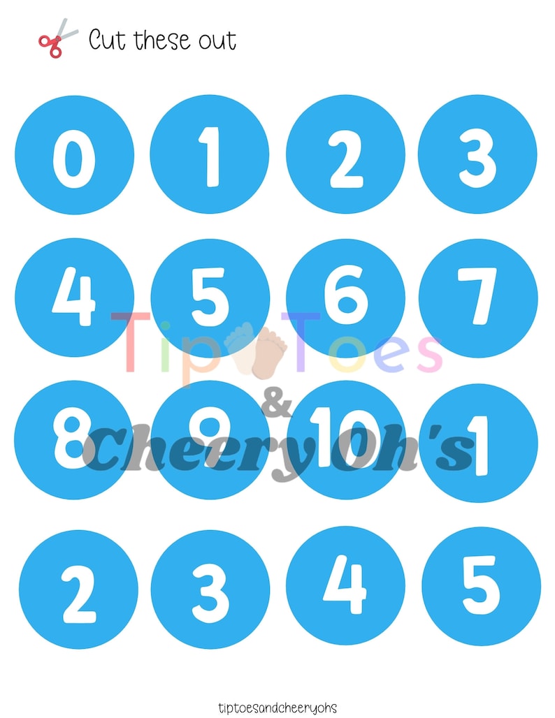 May include: A printable set of blue circles with white numbers from 0 to 10. The circles are designed to be cut out and used for educational purposes.