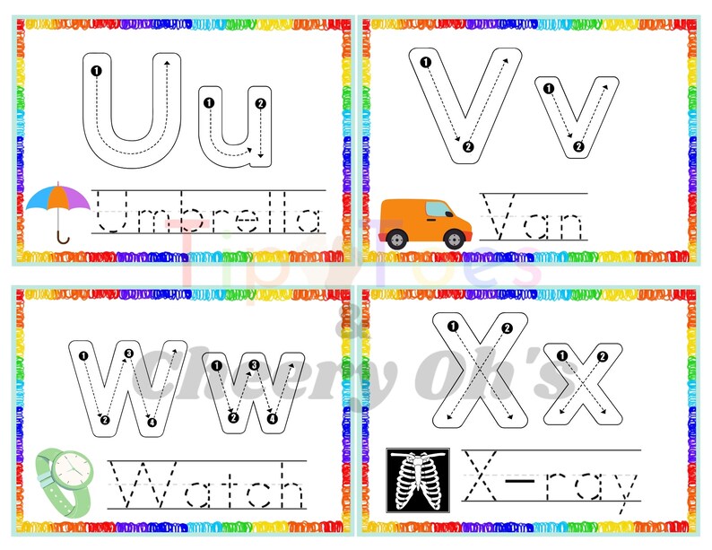 K&ouml;nnte beinhalten: Ein druckbares Arbeitsblatt f&uuml;r Kinder, um das Nachzeichnen der Buchstaben U, V, W und X zu &uuml;ben. Jeder Buchstabe wird mit einer gepunkteten Linie zum Nachzeichnen und einem entsprechenden Bild und Wort gezeigt: Regenschirm, Van, Uhr und R&ouml;ntgenbild.