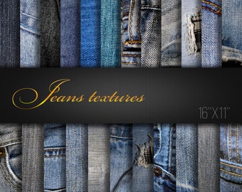 Könnte beinhalten: Eine Sammlung von 16 verschiedenen Denim-Stofftexturen in verschiedenen Blautönen, Grau- und Weißtönen. Die Texturen sind in einem Raster angeordnet und messen 40,6 cm x 27,9 cm.