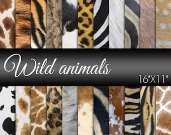 Piel de animales salvajes, Papel digital de piel de animal, Tigre, León, Cebra, Jirafa, Leopardo, Guepardo, Papel de álbum de recortes para proyectos de arte y artesanías