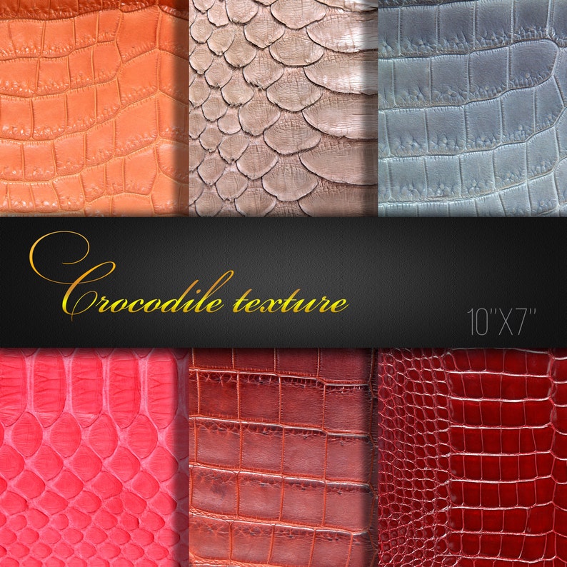 May include: A collage of six different crocodile skin textures in various colors, including orange, gray, blue, red, and brown. The image is labeled "Crocodile texture" and "10" X 7".