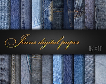 Könnte beinhalten: Ein digitales Papierpaket mit 16 verschiedenen Denim-Texturen in verschiedenen Blautönen. Das Paket ist 16" x 11" groß und perfekt für Bastelprojekte.