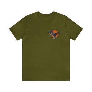 May include: A green t-shirt with a black and orange geometric dinosaur graphic.