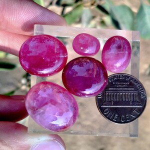 Peut inclure: Six pierres pr&eacute;cieuses polies, ovales et rondes, d'un rose profond sont pr&eacute;sent&eacute;es sur un bloc acrylique transparent &agrave; c&ocirc;t&eacute; d'une pi&egrave;ce d'un cent am&eacute;ricain pour comparaison de taille. Les pierres ont une qualit&eacute; translucide.