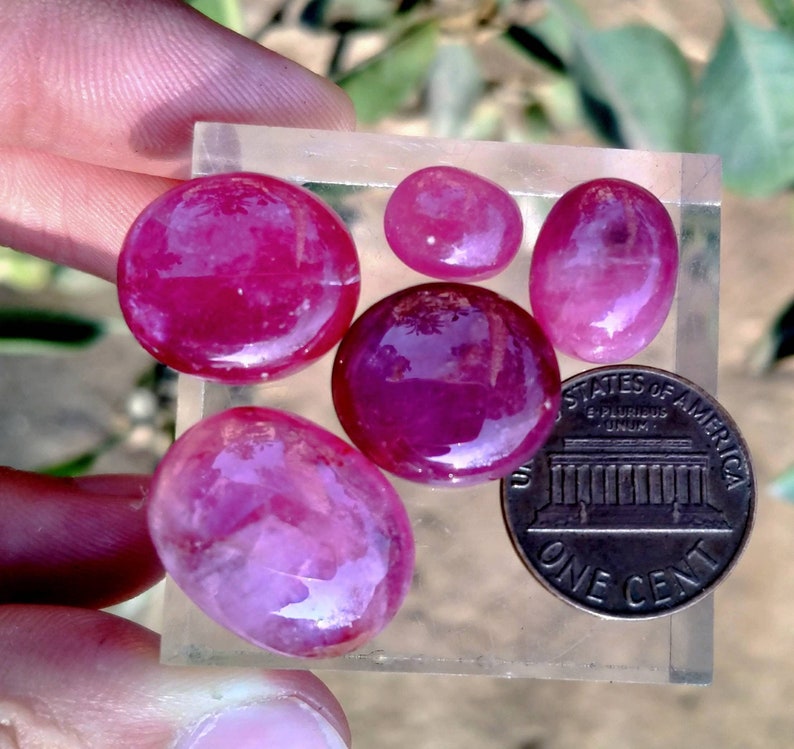 Peut inclure: Six pierres pr&eacute;cieuses polies, ovales et rondes, d'un rose profond sont pr&eacute;sent&eacute;es sur un bloc acrylique transparent &agrave; c&ocirc;t&eacute; d'une pi&egrave;ce d'un cent am&eacute;ricain pour comparaison de taille. Les pierres ont une qualit&eacute; translucide.