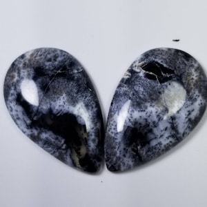 Pode incluir: Duas pedras preciosas de opala dendr&iacute;tica polidas. Cada pedra, em forma de gota, apresenta padr&otilde;es pretos, brancos e cinzentos. As opalas t&ecirc;m um acabamento brilhante, com padr&otilde;es escuros que se assemelham a forma&ccedil;&otilde;es arb&oacute;reas.