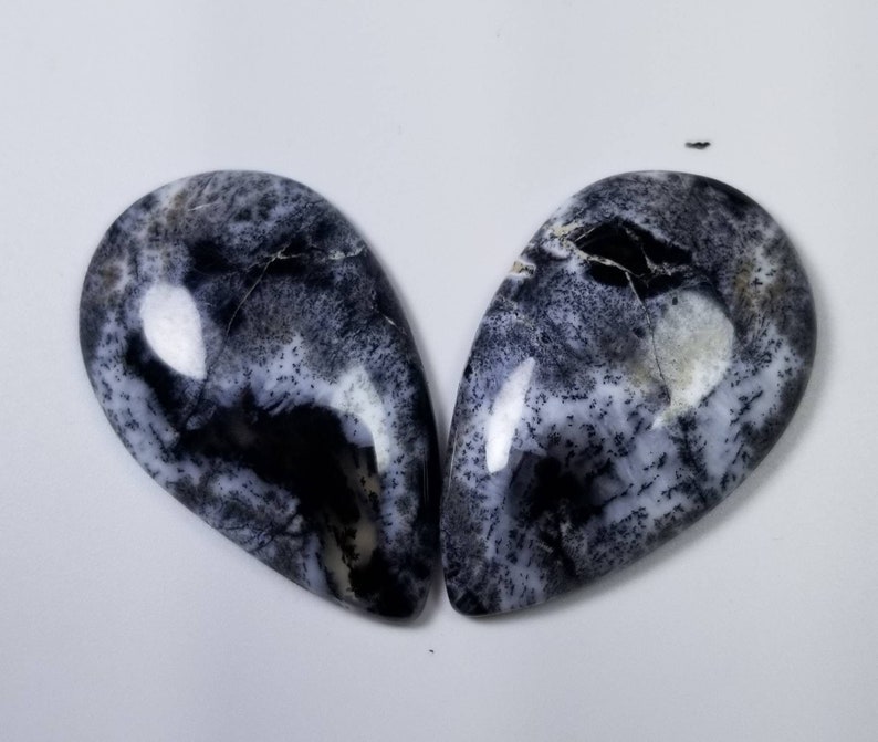 Pode incluir: Duas pedras preciosas de opala dendr&iacute;tica polidas. Cada pedra, em forma de gota, apresenta padr&otilde;es pretos, brancos e cinzentos. As opalas t&ecirc;m um acabamento brilhante, com padr&otilde;es escuros que se assemelham a forma&ccedil;&otilde;es arb&oacute;reas.