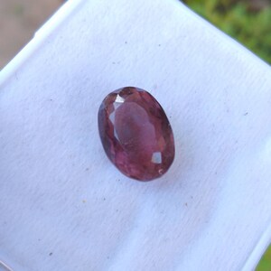 May include: Oval-shaped, faceted gemstone with a deep burgundy color. The gem is set against a white background, showcasing its polished surfaces and internal clarity. The stone's cut allows light to reflect, creating a sparkling effect.