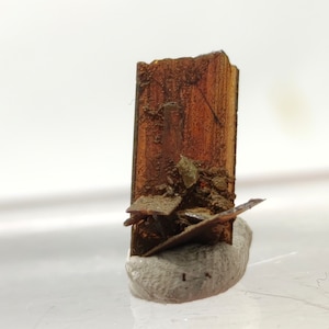 May include: A close-up of a mineral specimen. The specimen features a rectangular, dark brown crystal structure with a rough, textured surface. The crystal is mounted on a small, gray, rounded base. Small, fragmented pieces are attached to the crystal.