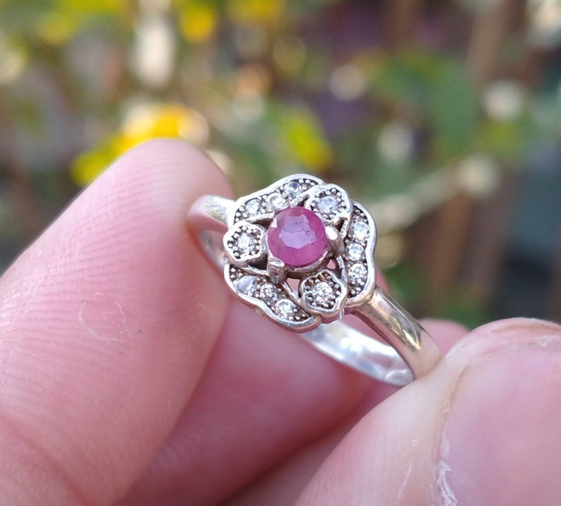 Natural top quality beautiful amazing style pink ruby gem sterling silver ring with synthetic white zircon gems around it