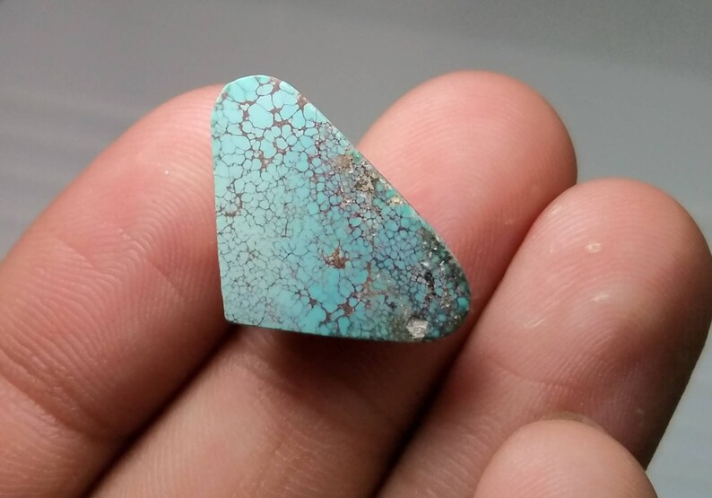 Puede incluir: Una piedra preciosa turquesa con un patr&oacute;n &uacute;nico de vetas marrones y negras. La piedra tiene forma triangular con una parte superior redondeada. La piedra se sostiene en una mano.