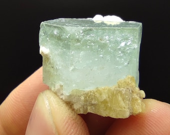 Natural terminated green aqua beryl crystal with albite matrix from skardu Pakistan, 13.5 grams