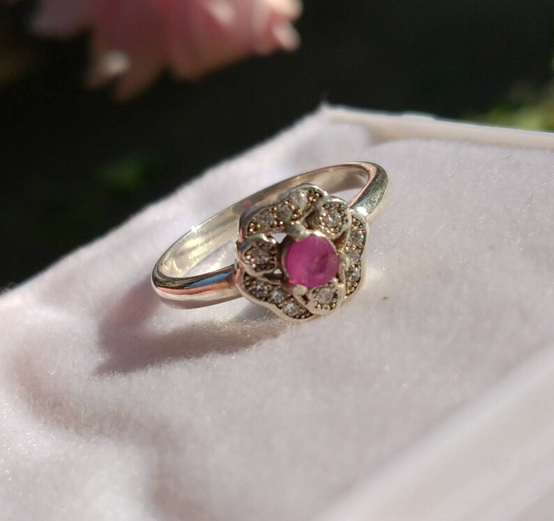 Natural top quality beautiful amazing style pink ruby gem sterling silver ring with synthetic white zircon gems around it