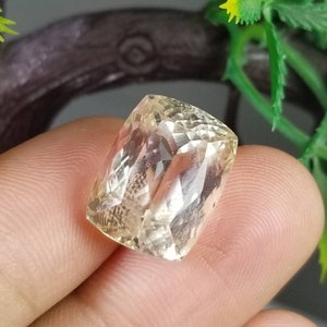 May include: A faceted, light-yellow gemstone with a rectangular shape. The gem has multiple facets that reflect light, creating a sparkling effect. The stone is held between fingers, with a blurred background of greenery.