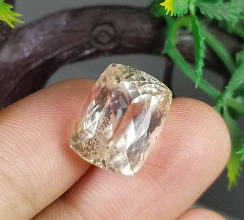 May include: A faceted, light-yellow gemstone with a rectangular shape. The gem has multiple facets that reflect light, creating a sparkling effect. The stone is held between fingers, with a blurred background of greenery.